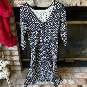 Boden Annabel Knit A Line Fit  Flare Polka‎ Dot Dress 3/4 Sleeve V-Neck Size 8 R